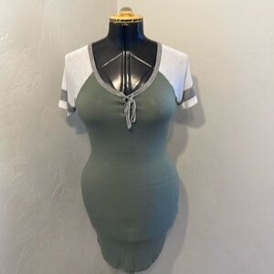 Ultra Flirt Short Sleeve Tie Neck Green White & Grey Dress